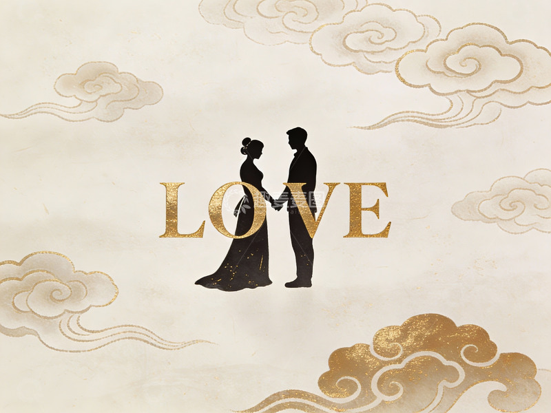 高清大图下载【趣麦麦图】情侣剪影与金色云纹背景