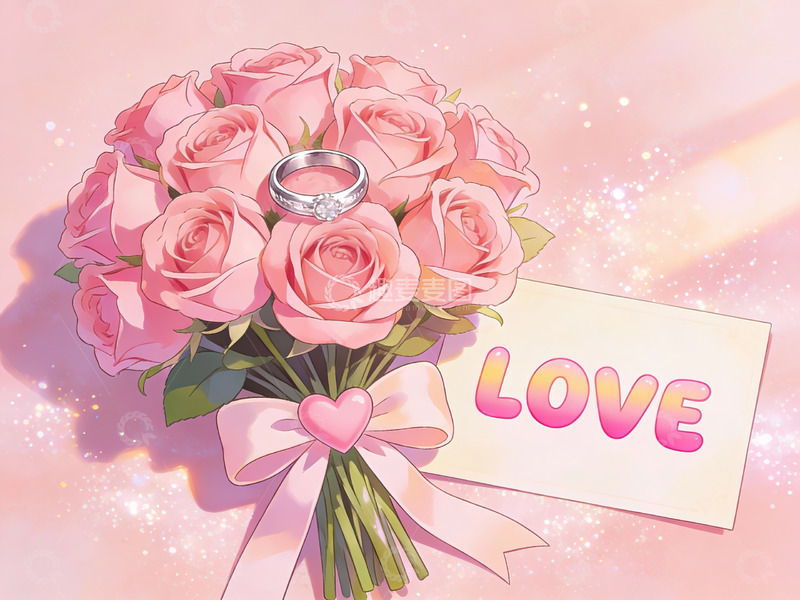 高清大图下载【趣麦麦图】玫瑰花束与婚戒的浪漫画面
