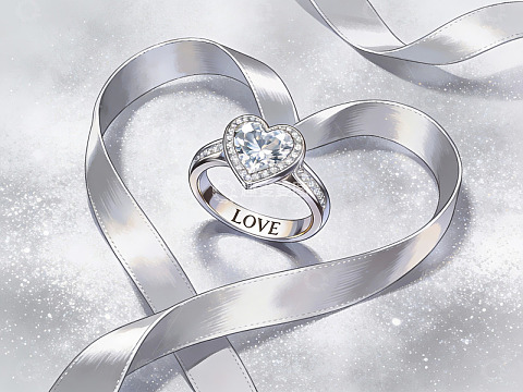 心形钻戒与丝带的浪漫构图