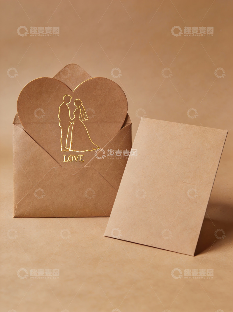 高清大图下载【趣麦麦图】心形信封与婚礼剪影卡片