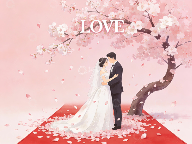 高清大图下载【趣麦麦图】樱花树下新人拥抱