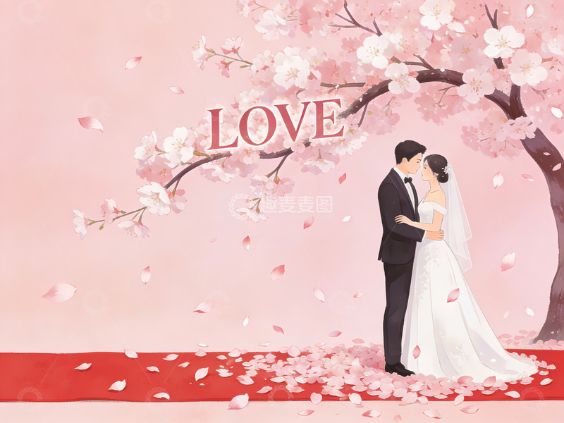 高清大图下载【趣麦麦图】樱花树下新人相拥