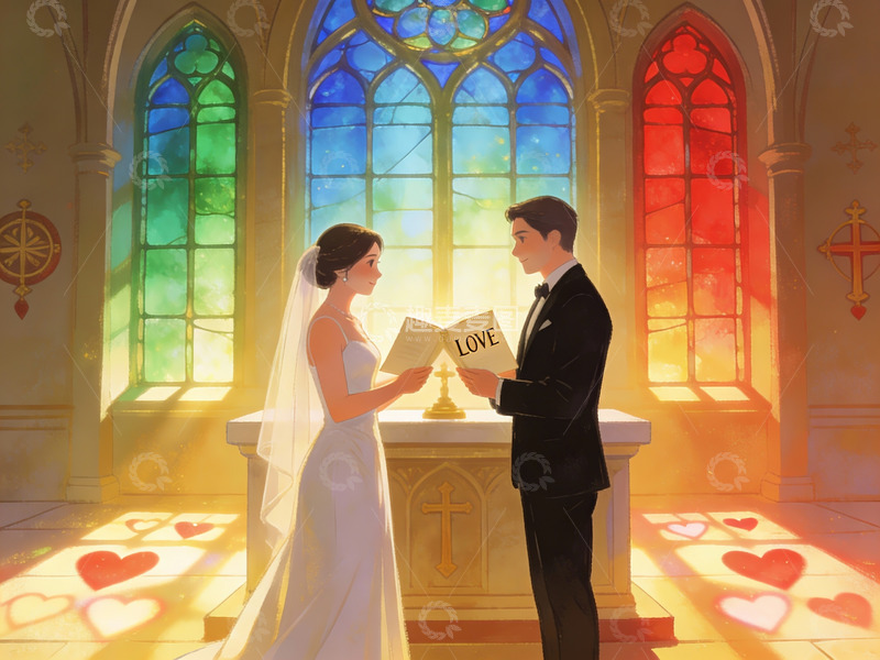 高清大图下载【趣麦麦图】教堂婚礼场景插画