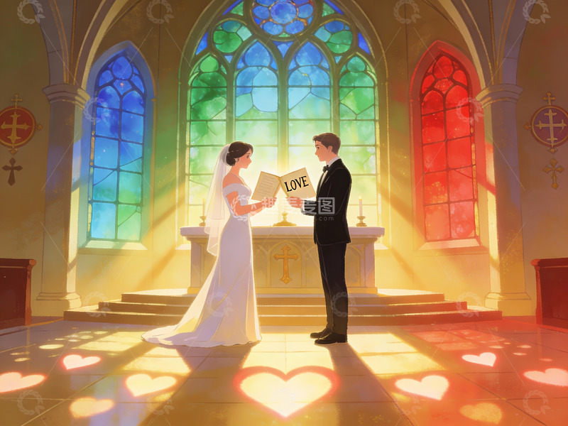 高清大图下载【趣麦麦图】教堂婚礼场景插画