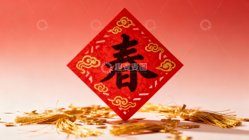 高清大图下载【趣麦麦图】红色春字剪纸与金色流苏装饰