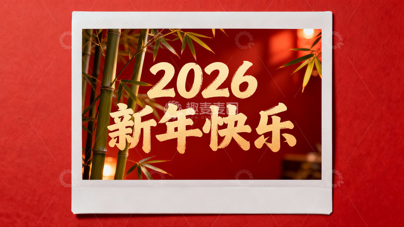高清大图下载【趣麦麦图】新年祝福竹影红背景