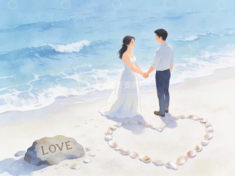 高清大图下载【趣麦麦图】海滩情侣牵手爱情场景