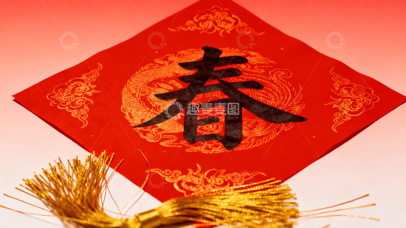 高清大图下载【趣麦麦图】红色春字剪纸配金色流苏