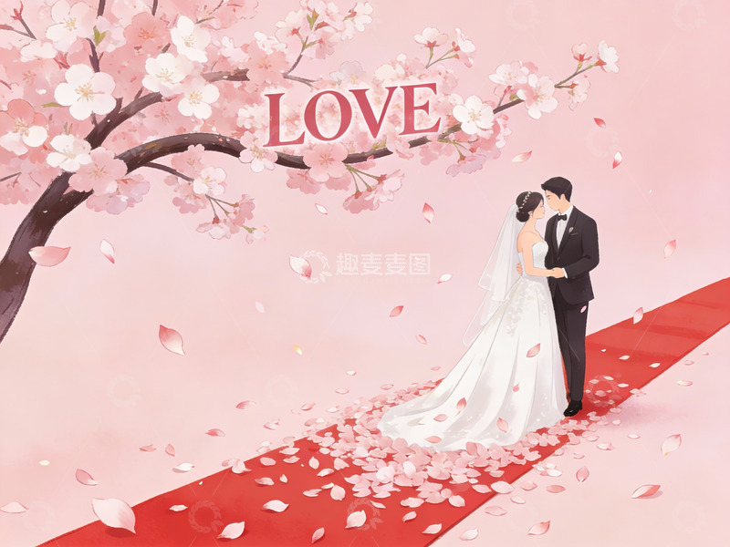 高清大图下载【趣麦麦图】樱花树下新人拥抱