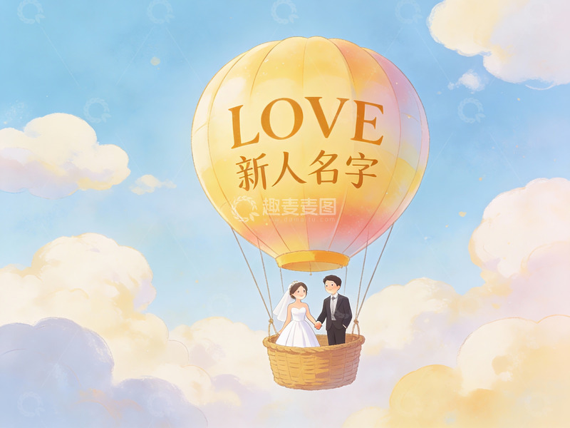 高清大图下载【趣麦麦图】新人乘热气球飞翔于蓝天