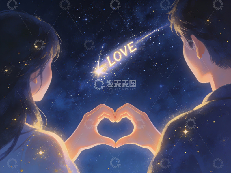 高清大图下载【趣麦麦图】星空下双手比心的恋人