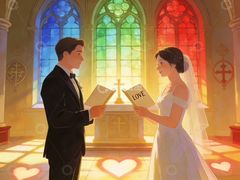 高清大图下载【趣麦麦图】教堂婚礼场景插画