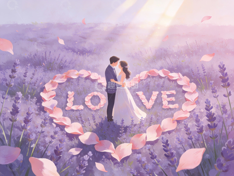 高清大图下载【趣麦麦图】情侣在薰衣草花田中拥抱