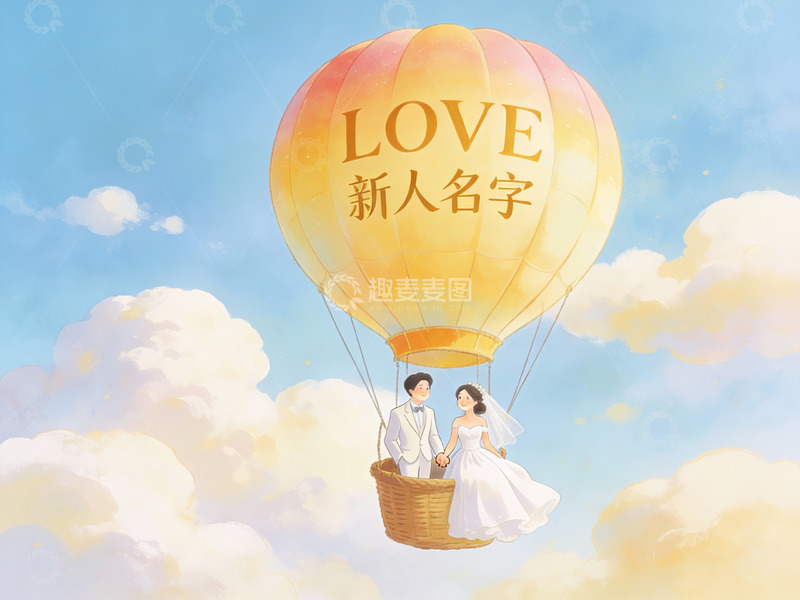 高清大图下载【趣麦麦图】新人乘热气球飞翔天空