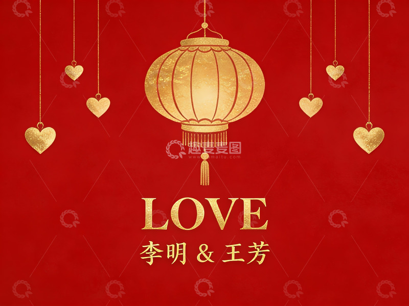 高清大图下载【趣麦麦图】红色背景上的金色灯笼与心形装饰