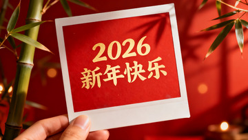 手持新年祝福卡片竹影相伴