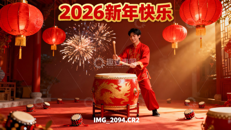 高清大图下载【趣麦麦图】新年庆典男子击鼓庆祝