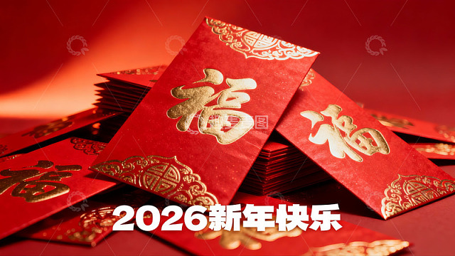 红色红包堆叠新年祝福