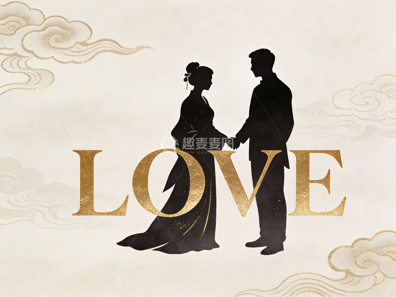 高清大图下载【趣麦麦图】情侣剪影与金色爱字