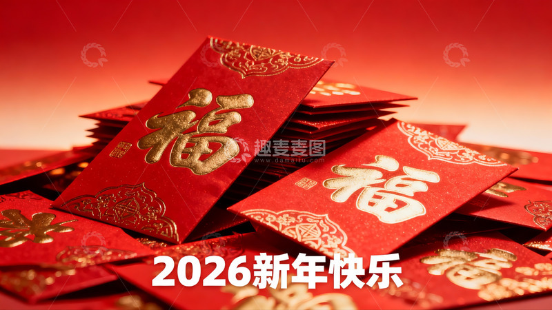 高清大图下载【趣麦麦图】红色红包堆叠新年祝福