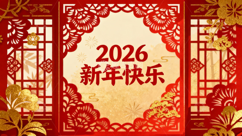 高清大图下载【趣麦麦图】2026新年快乐红色剪纸贺卡