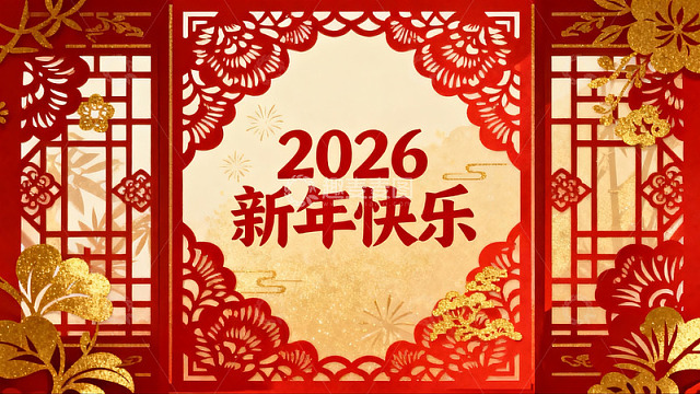 2026新年快乐红色剪纸贺卡