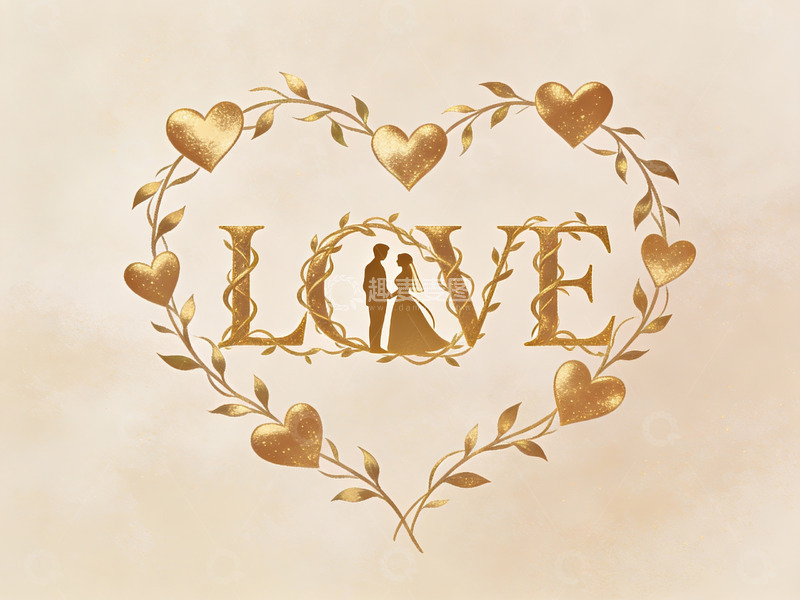 高清大图下载【趣麦麦图】金色心形花环中的爱情剪影