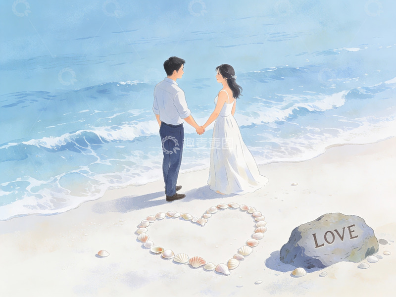 高清大图下载【趣麦麦图】海滩情侣手牵手望海