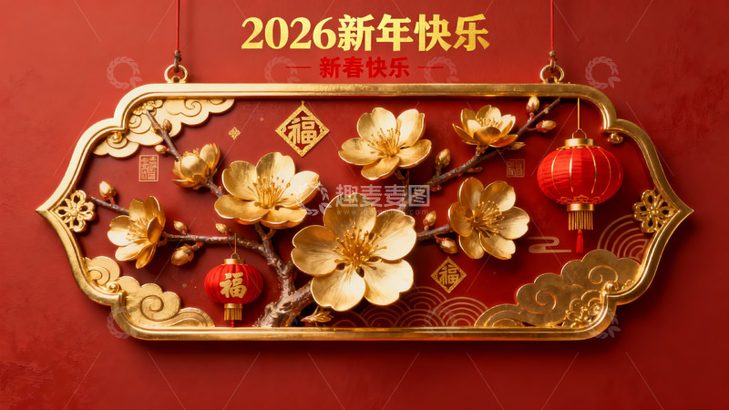 高清大图下载【趣麦麦图】新年装饰画金色梅花红灯笼