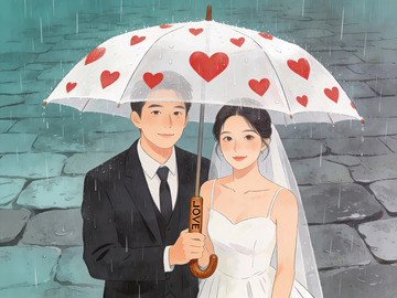 雨中新人共撑爱心伞