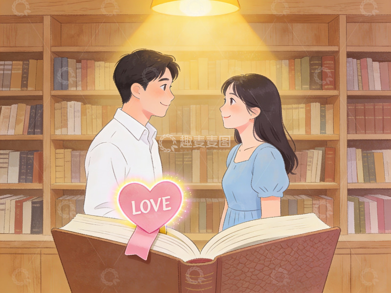 高清大图下载【趣麦麦图】图书馆中情侣共读温馨场景