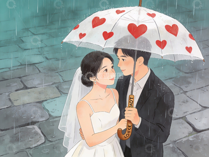 高清大图下载【趣麦麦图】雨中新人共撑爱心伞