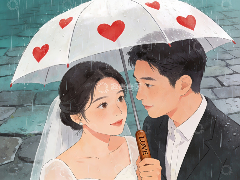 高清大图下载【趣麦麦图】雨中新人共撑爱心伞