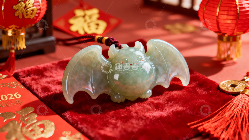 高清大图下载【趣麦麦图】翡翠蝙蝠挂件配红色新年装饰