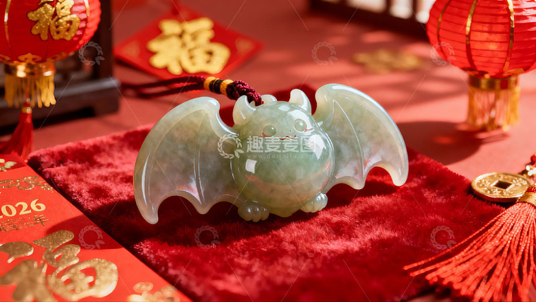 翡翠蝙蝠挂件配红色新年装饰