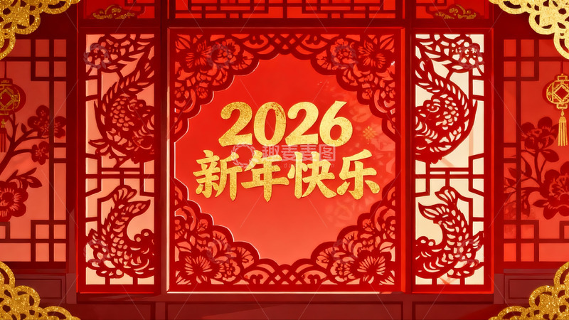 高清大图下载【趣麦麦图】2026新年快乐红色窗格装饰