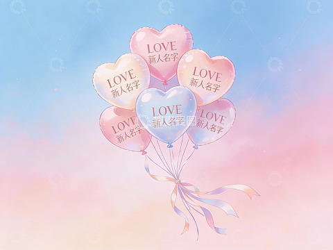 心形气球飘浮在梦幻天空