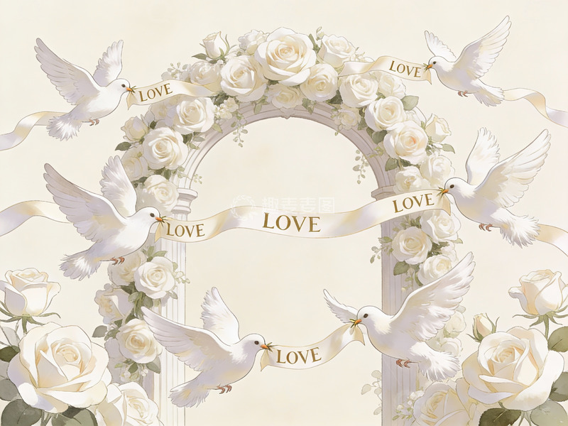 高清大图下载【趣麦麦图】白鸽环绕玫瑰花拱门