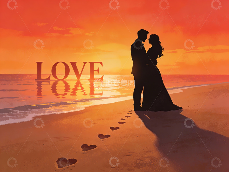 高清大图下载【趣麦麦图】情侣海滩日落剪影