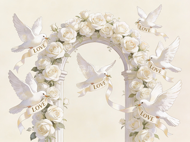 高清大图下载【趣麦麦图】白色玫瑰拱门与和平鸽