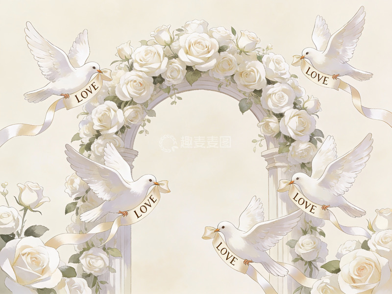 高清大图下载【趣麦麦图】白鸽环绕花拱门的浪漫场景