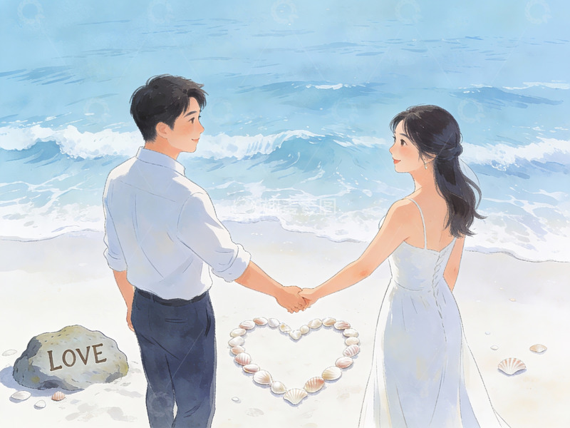 高清大图下载【趣麦麦图】海滩情侣牵手心形贝壳