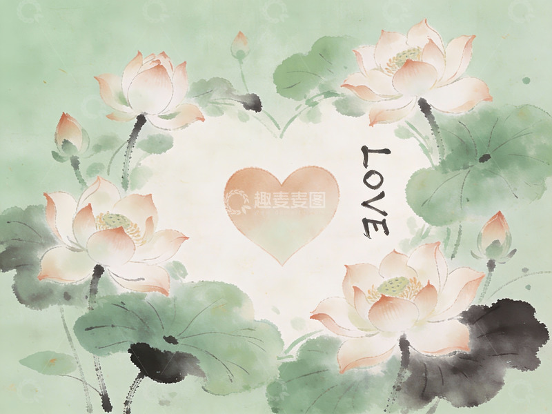 高清大图下载【趣麦麦图】水墨荷花环绕爱心图案