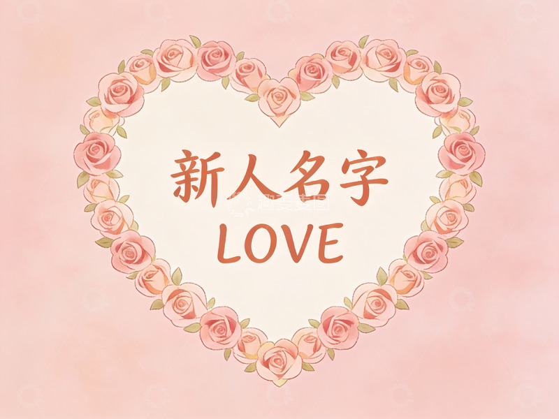 高清大图下载【趣麦麦图】心形玫瑰花环中的新人名字与爱