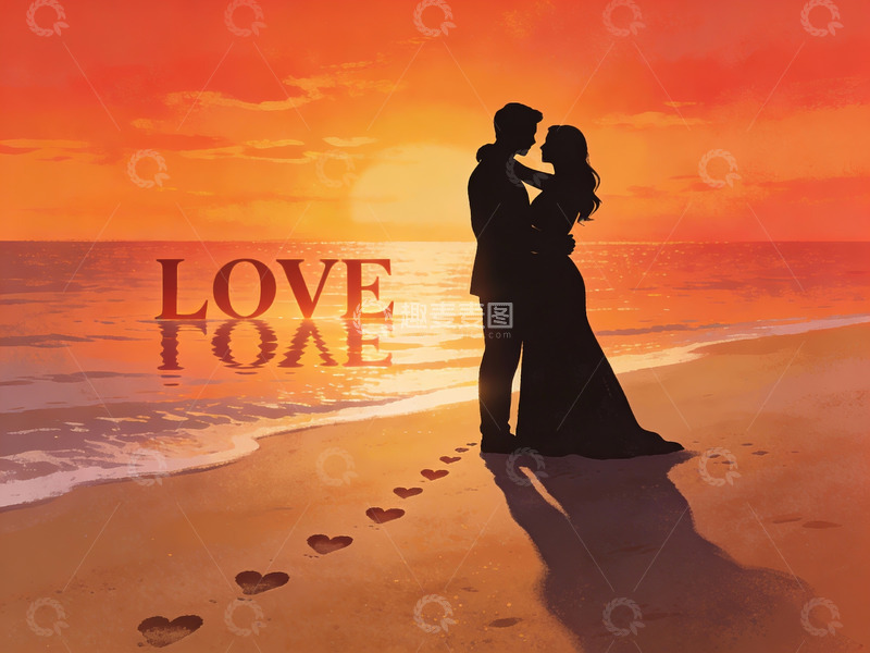 高清大图下载【趣麦麦图】情侣海滩日落剪影