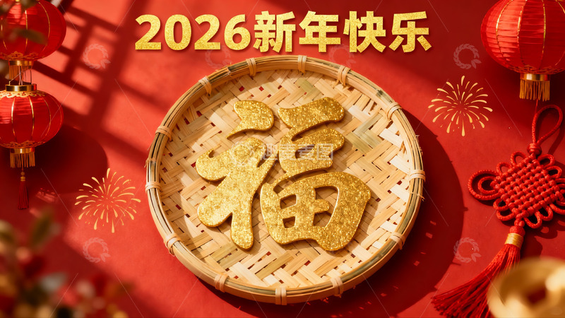高清大图下载【趣麦麦图】新年福字竹篮红灯笼