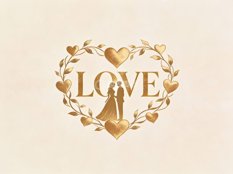高清大图下载【趣麦麦图】金色爱心环绕情侣剪影