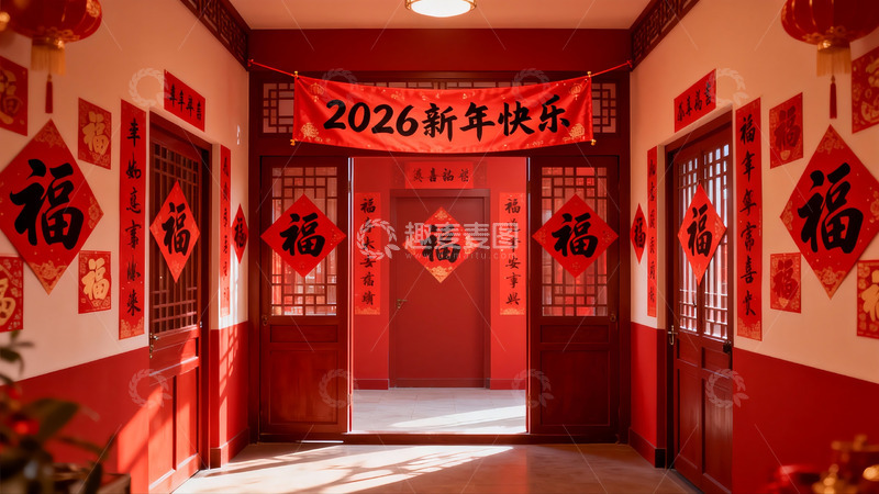 高清大图下载【趣麦麦图】新年红色走廊挂福字