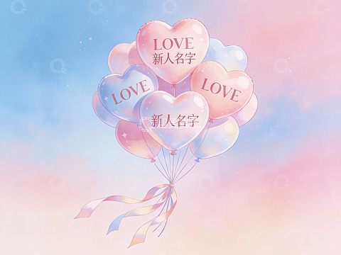 心形气球飘浮在梦幻天空