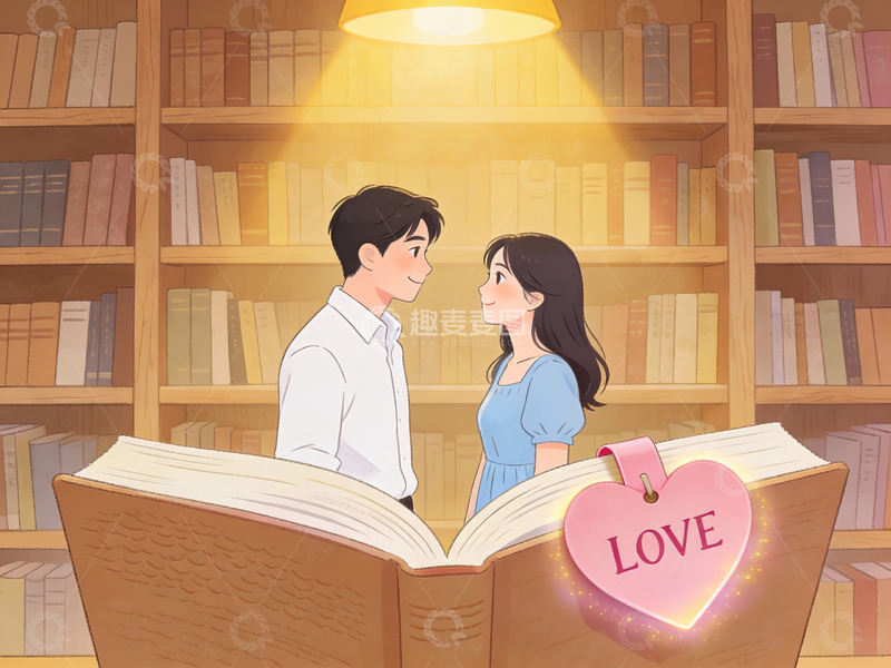 高清大图下载【趣麦麦图】图书馆中情侣共读温馨场景